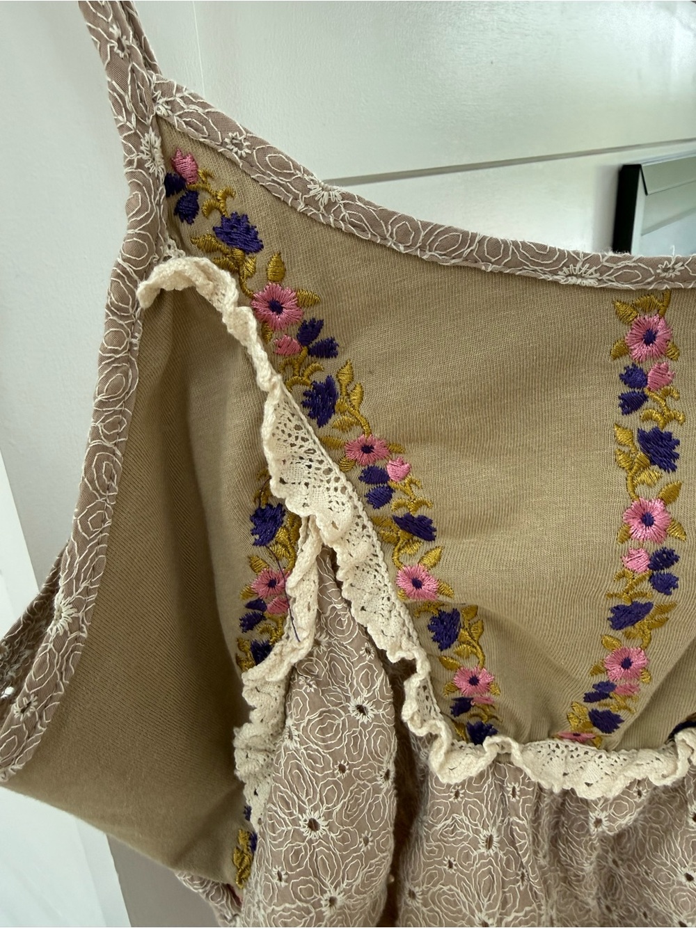 POL Embroidered Floral Camisole in Taupe with Pink & Purple Accents - Picture 3 of 5